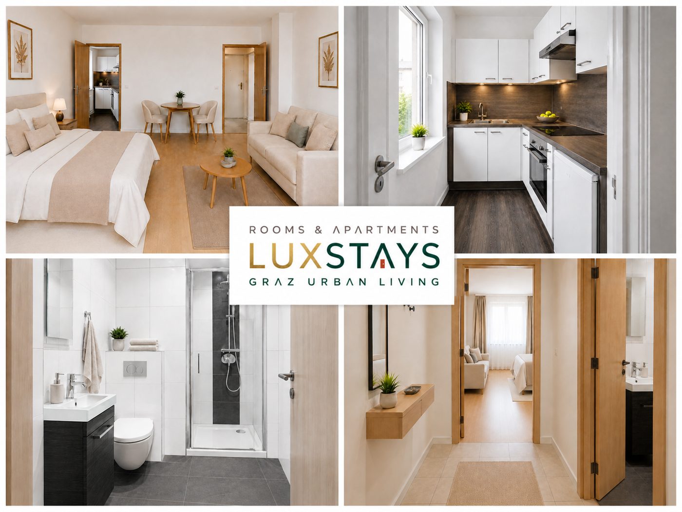 LUX STAYS Graz Urban Living: Wohnbereich, Küche, Bad und Vorraum