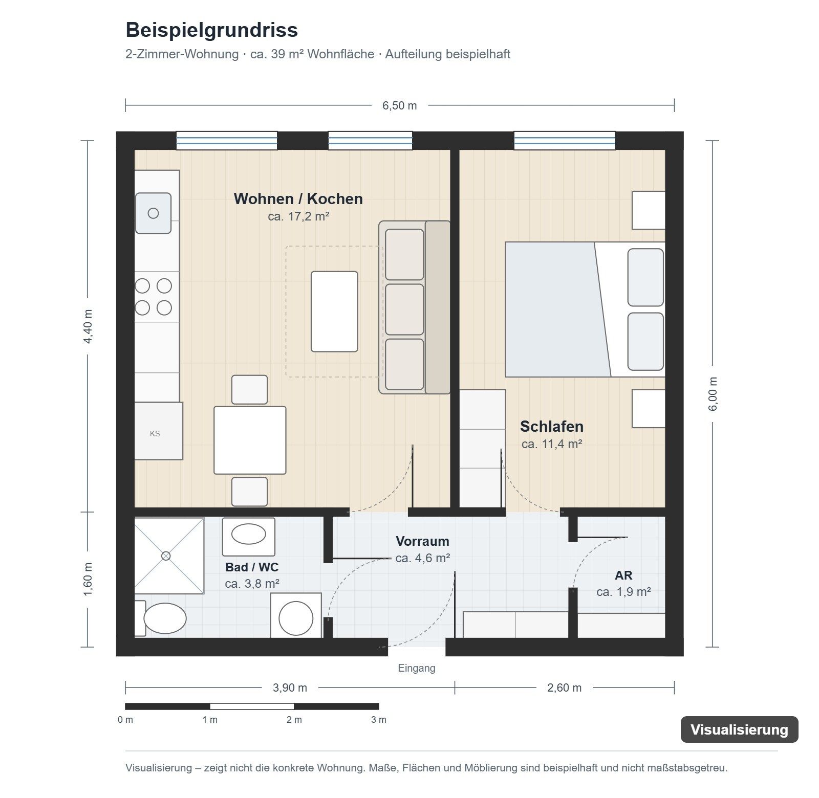 Grundriss: Beispielgrundriss_2Zimmer_39m2_v2 – Klagenfurt · Kurzzeitvermietung · 2-Zimmer-Anlegerwohnung ca. 39 m² · kalkuliert 7 % Rendite · 112.000 €