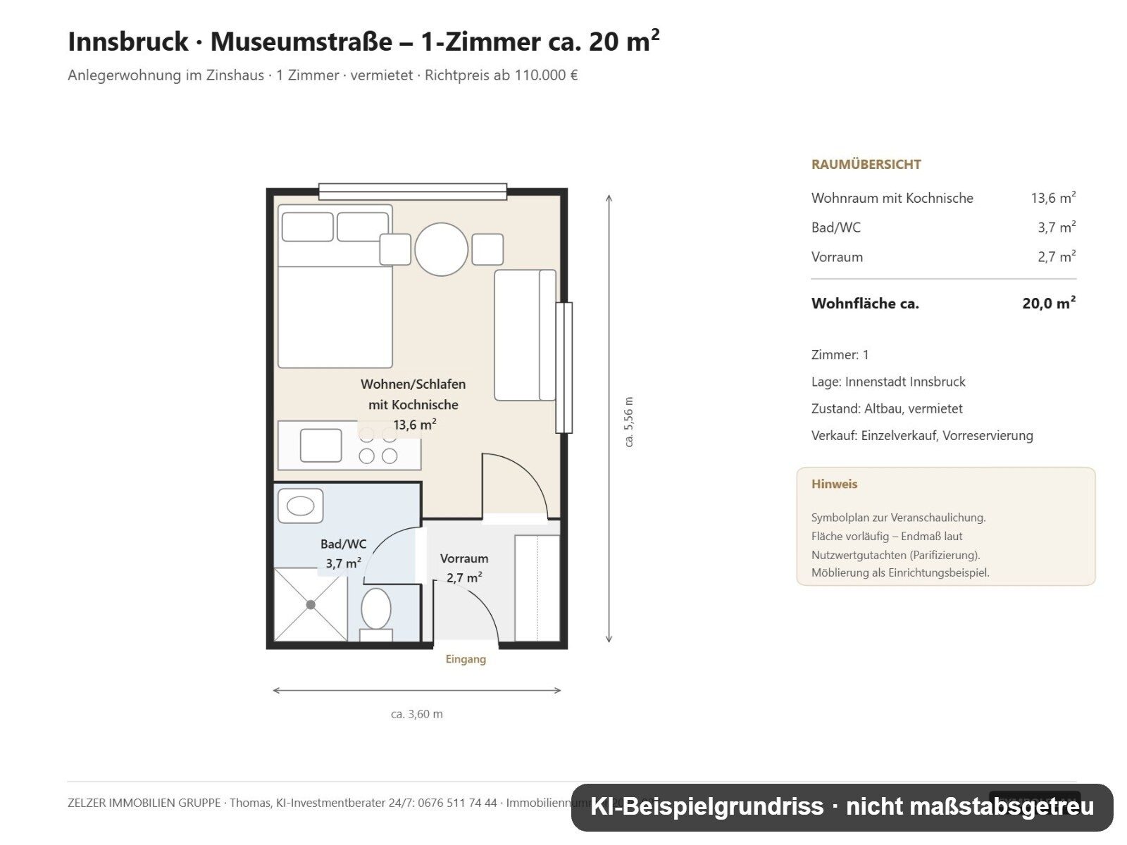 Grundriss: 2026-1493_02_KI-Beispielgrundriss – Innsbruck Innenstadt: vermietete 20-m²-Wohnung als Kapitalanlage, ab 110.000 €