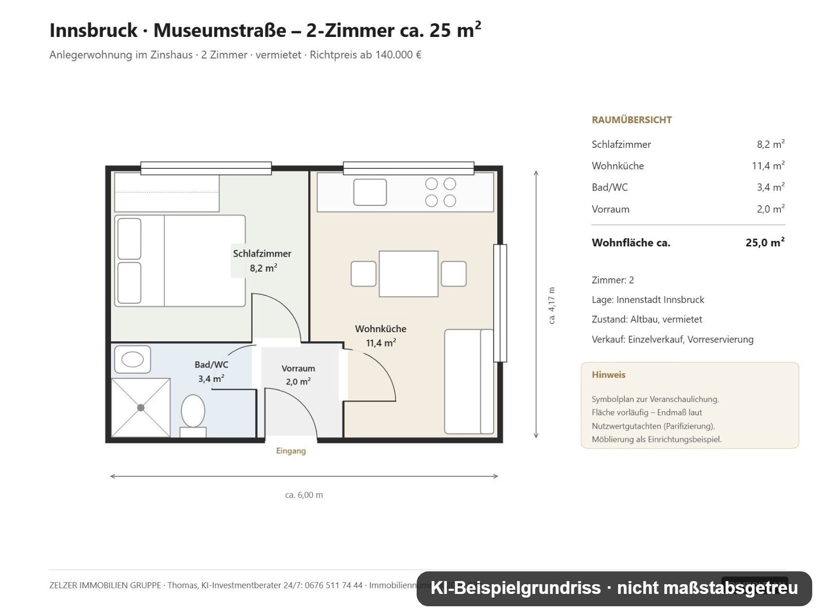 Grundriss: 2026-1494_02_KI-Beispielgrundriss – 2 Zimmer auf 25 m², vermietet: Anlegerwohnung im Zentrum von Innsbruck, ab 140.000 €