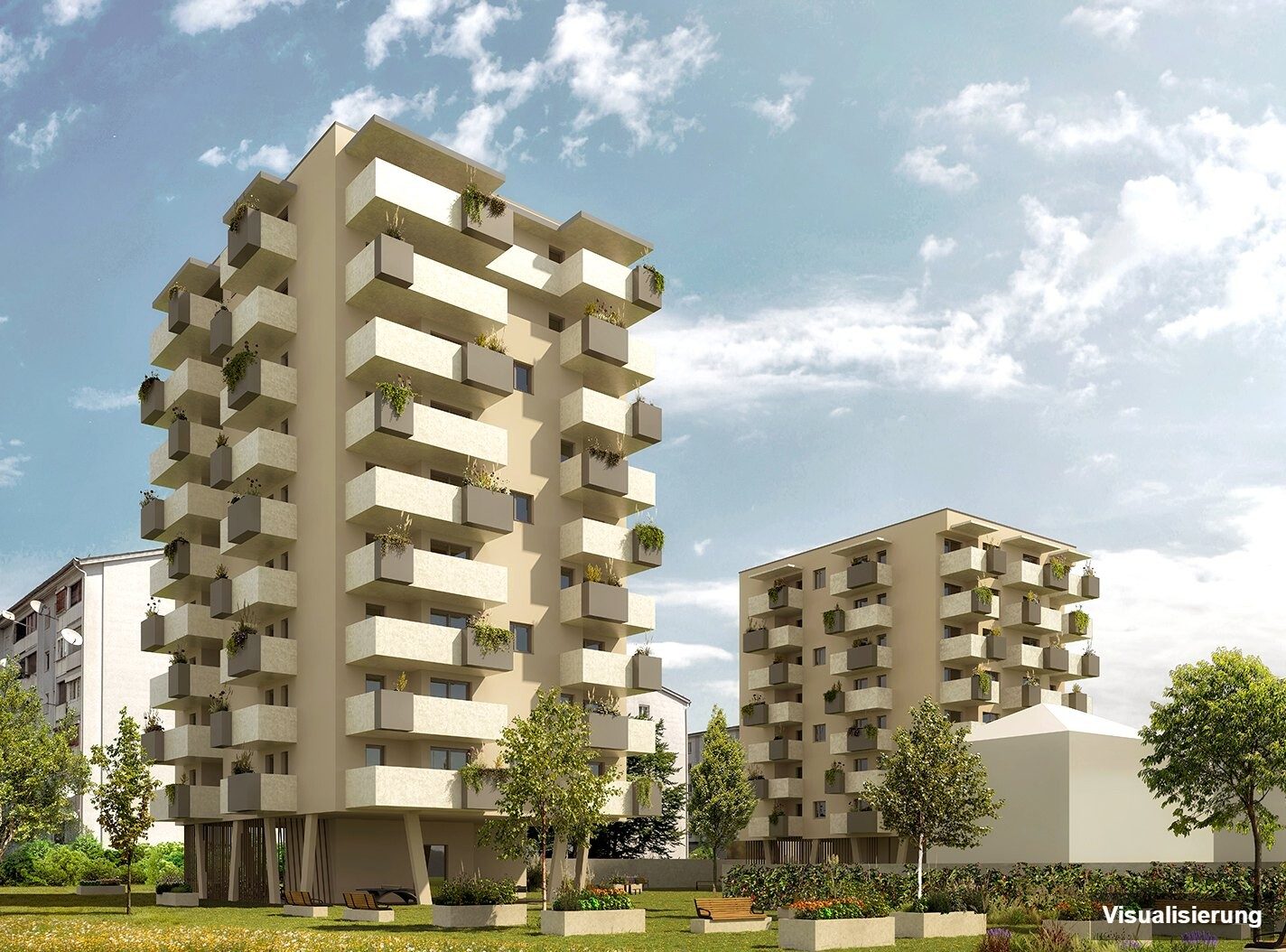Ansicht Wohnanlage (Visualisierung): Klagenfurt · Neubau: 1-Zimmer-Anlegerwohnung ca. 29 m² · Oasis City Life Klagenfurt · Kurzzeitvermietung · provisionsfrei