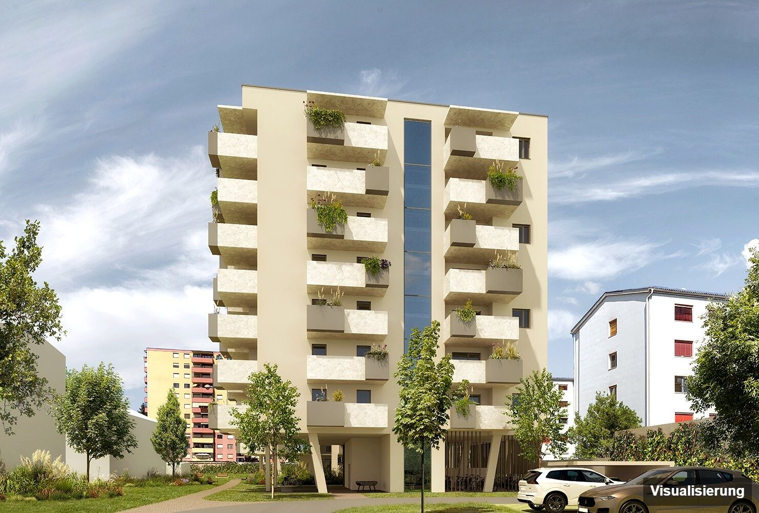 Ansicht Wohnanlage (Visualisierung): Klagenfurt · Neubau: 3-Zimmer-Anlegerwohnung ca. 67 m² · Oasis City Life Klagenfurt · Kurzzeitvermietung · provisionsfrei