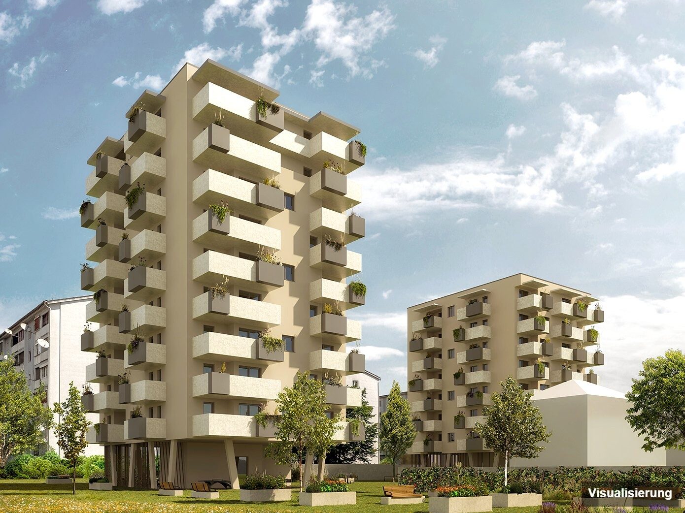 Ansicht Wohnanlage (Visualisierung): Klagenfurt · Neubau: 3-Zimmer-Anlegerwohnung ca. 67 m² · Oasis City Life Klagenfurt · Kurzzeitvermietung · provisionsfrei