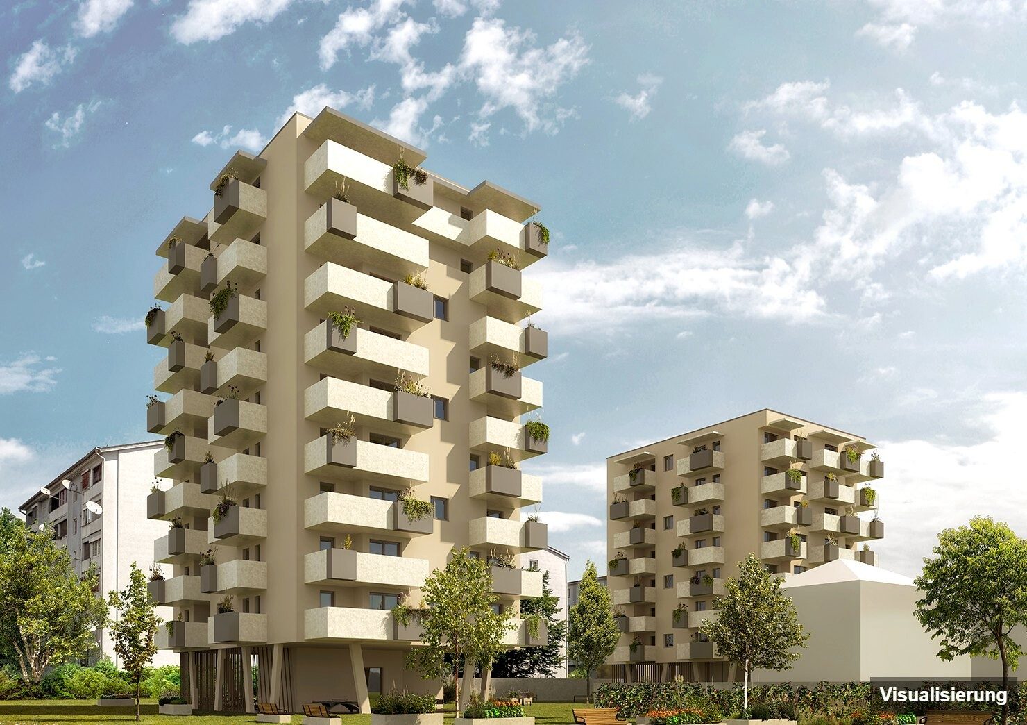 Ansicht Wohnanlage (Visualisierung): Klagenfurt · Neubau: 2-Zimmer-Anlegerwohnung ca. 42 m² · Oasis City Life Klagenfurt · Kurzzeitvermietung · provisionsfrei