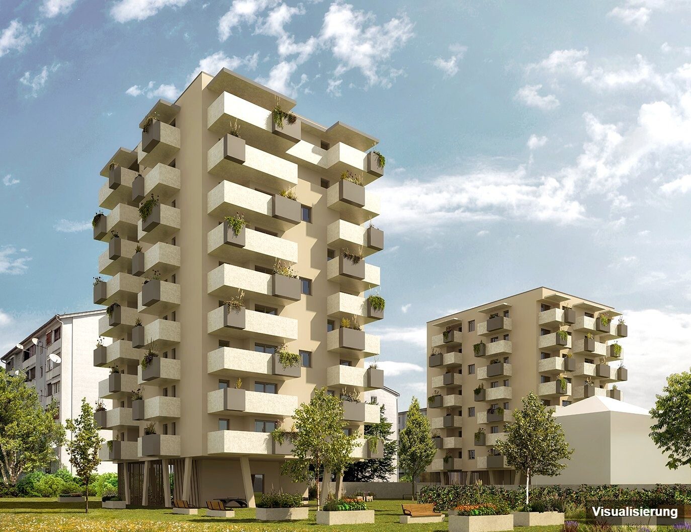 Ansicht Wohnanlage (Visualisierung): Klagenfurt · Neubau: 2-Zimmer-Anlegerwohnung ca. 42 m² · Oasis City Life Klagenfurt · provisionsfrei