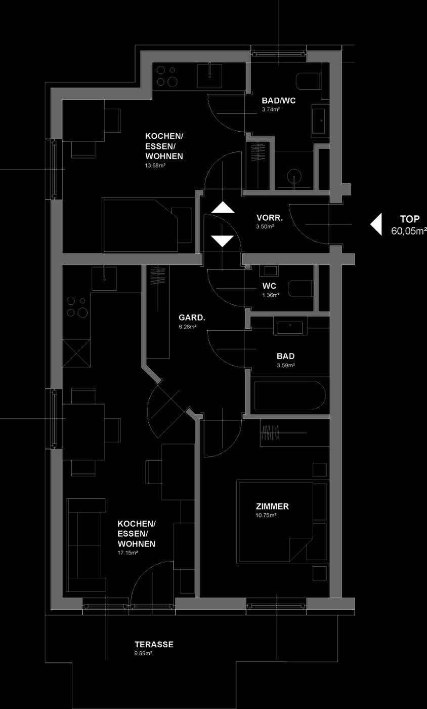 Grundriss – Graz-Gries · Bestand: 3-Zimmer-Anlegerwohnung ca. 60 m² · Appartement Graz · provisionsfrei