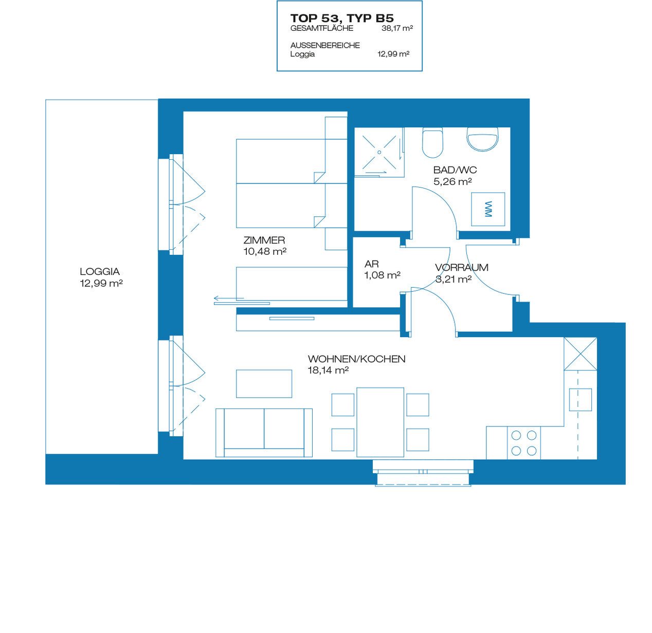 Grundriss – RESERVIERT · Graz-Puntigam · Bestand: 2-Zimmer-Anlegerwohnung ca. 38 m² · Brauquartier Puntigam BA09 · Kurzzeitvermietung · provisionsfrei