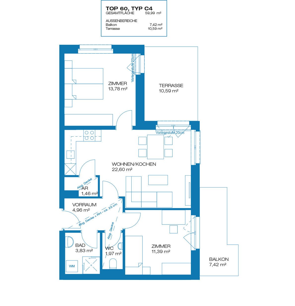 Grundriss – RESERVIERT · Graz-Puntigam · Bestand: 3-Zimmer-Anlegerwohnung ca. 60 m² · Brauquartier Puntigam BA09 · Kurzzeitvermietung · provisionsfrei