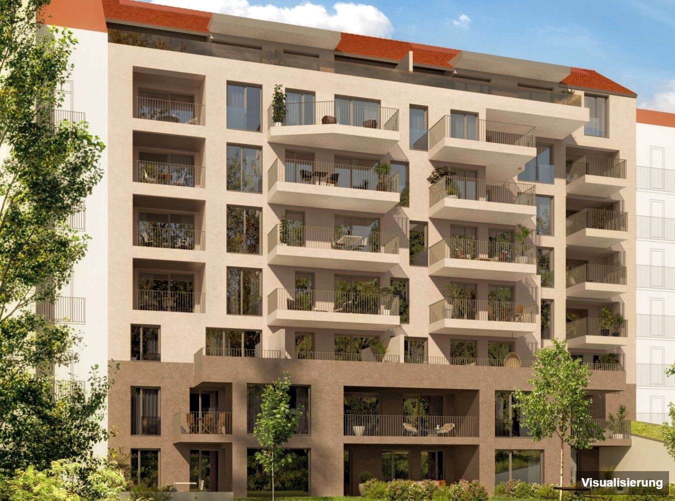 Ansicht Wohnanlage (Visualisierung): Graz-St. Leonhard · Neubau: 2-Zimmer-Anlegerwohnung ca. 57 m² · Oasis Uhlandgasse · Kurzzeitvermietung · provisionsfrei