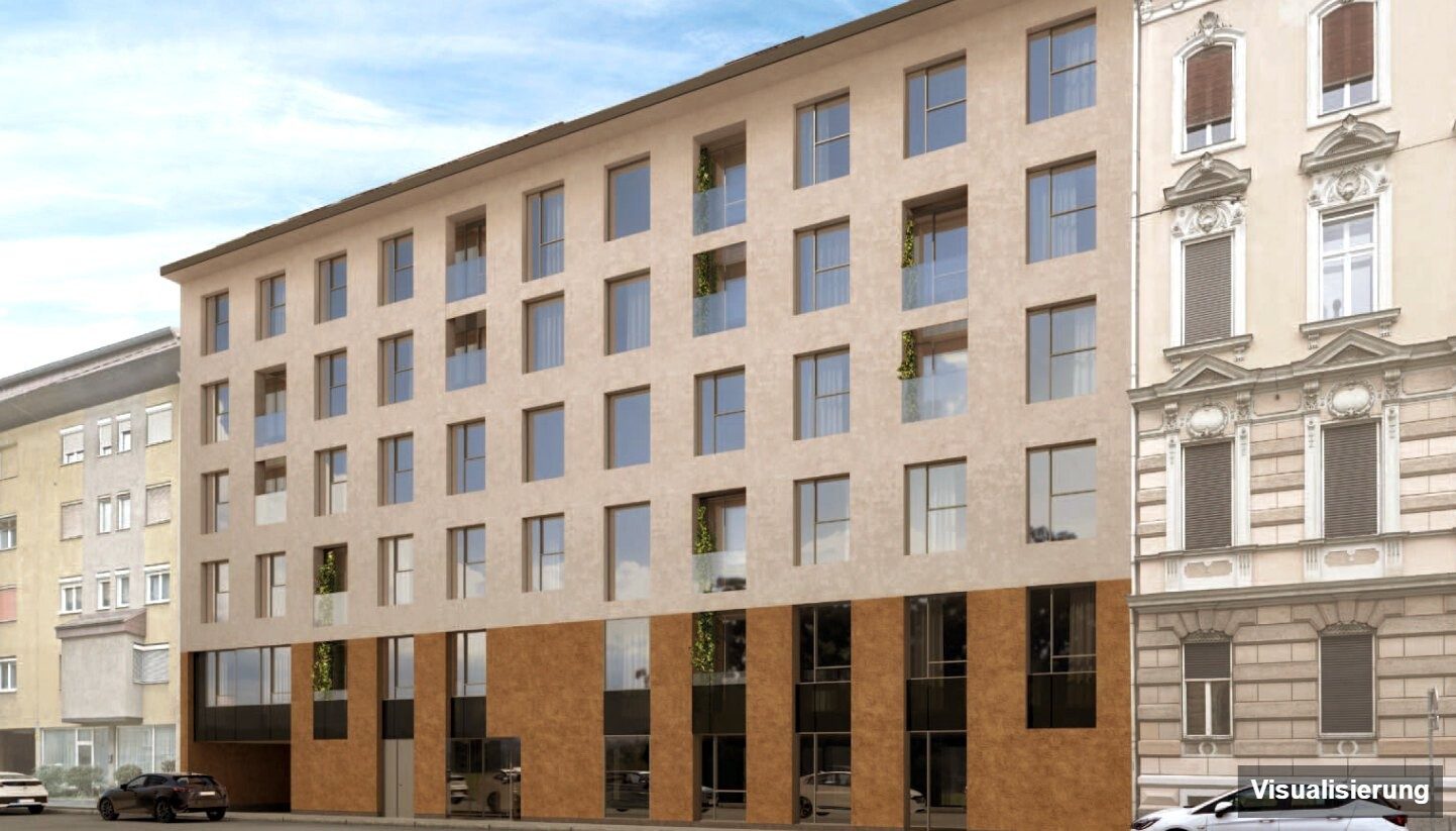 Ansicht Wohnanlage (Visualisierung): Graz-St. Leonhard · Neubau: 2-Zimmer-Anlegerwohnung ca. 69 m² · Oasis Uhlandgasse · Kurzzeitvermietung · provisionsfrei