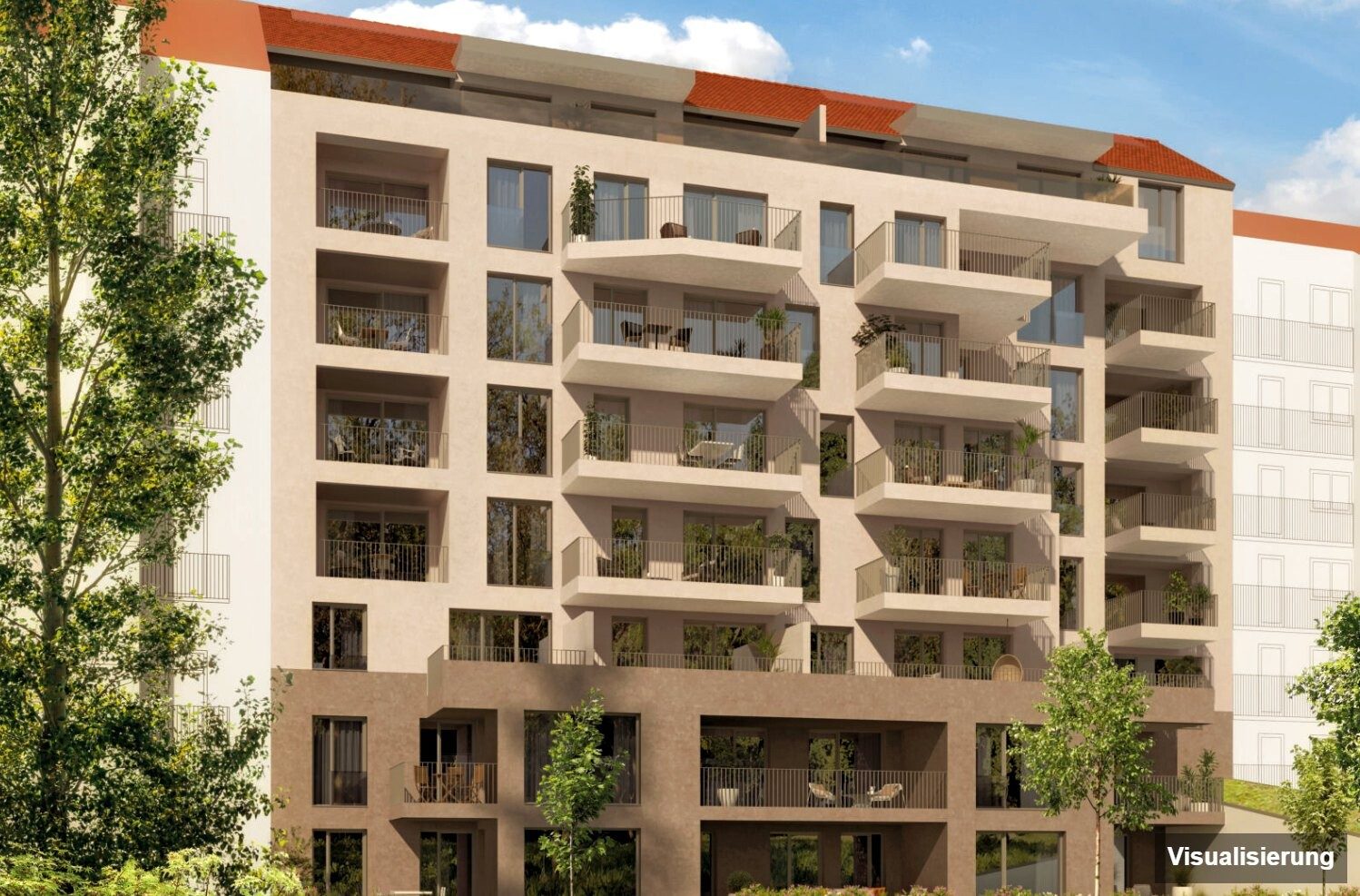 Ansicht Wohnanlage (Visualisierung): Graz-St. Leonhard · Neubau: 2-Zimmer-Anlegerwohnung ca. 27 m² · Oasis Uhlandgasse · Kurzzeitvermietung · provisionsfrei