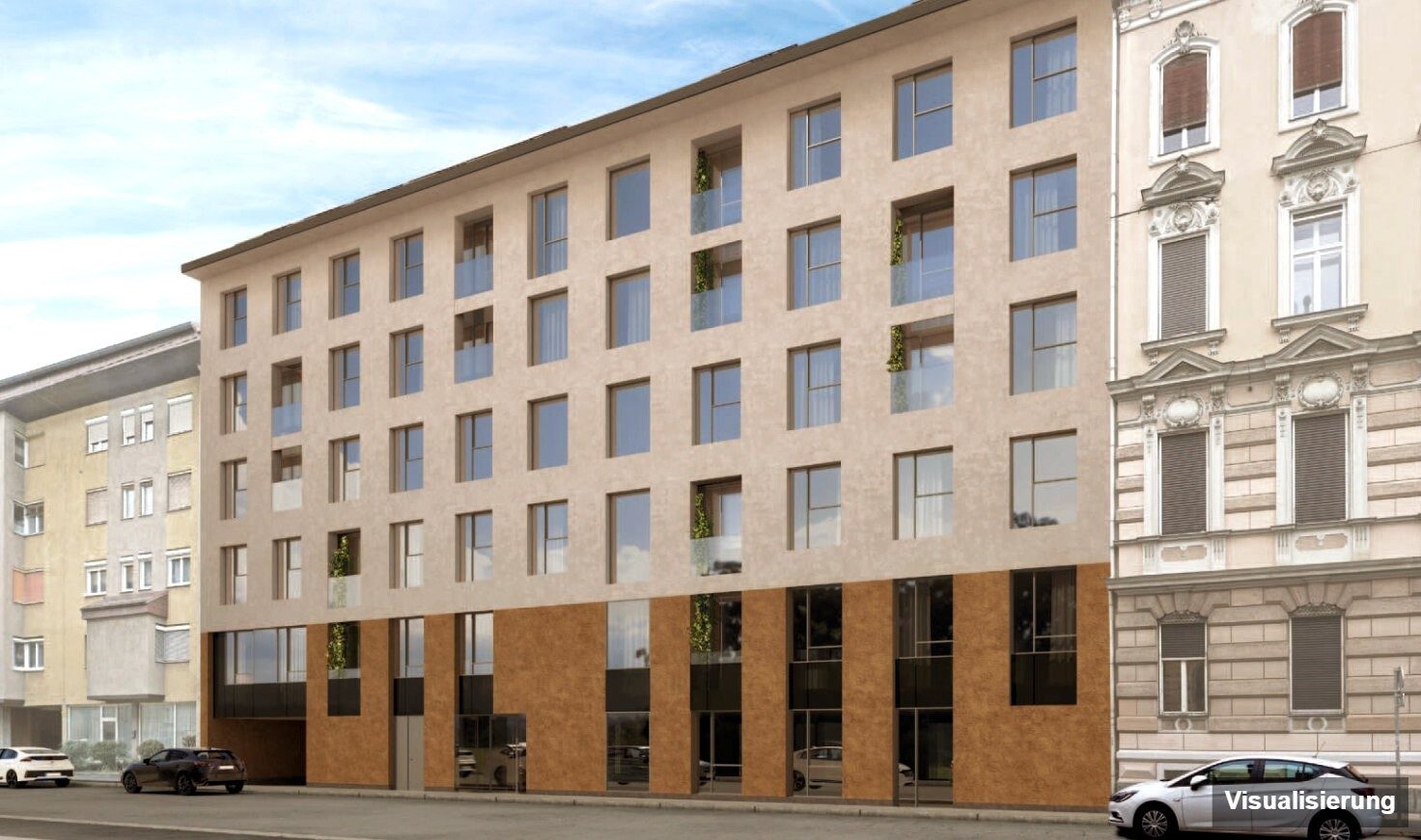 Ansicht Wohnanlage (Visualisierung): Graz-St. Leonhard · Neubau: 3-Zimmer-Anlegerwohnung ca. 70 m² · Oasis Uhlandgasse · Kurzzeitvermietung · provisionsfrei