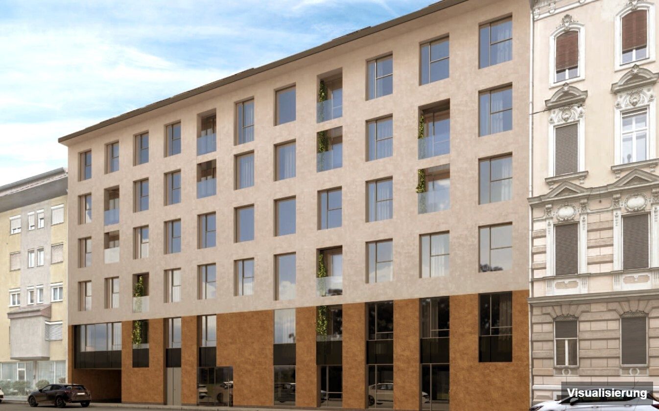 Ansicht Wohnanlage (Visualisierung): Graz-St. Leonhard · Neubau: 3-Zimmer-Anlegerwohnung ca. 67 m² · Oasis Uhlandgasse · Kurzzeitvermietung · provisionsfrei