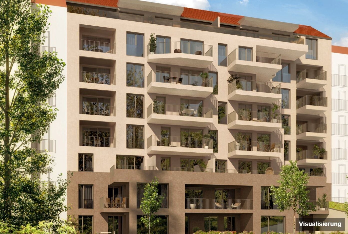 Ansicht Wohnanlage (Visualisierung): Graz-St. Leonhard · Neubau: 3-Zimmer-Anlegerwohnung ca. 57 m² · Oasis Uhlandgasse · Kurzzeitvermietung · provisionsfrei