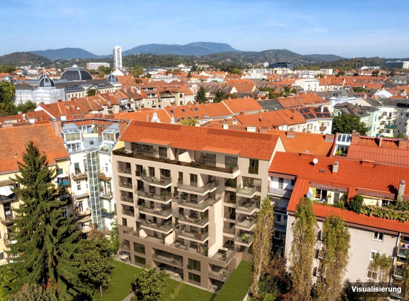 Visualisierung: Graz-St. Leonhard · Neubau: 3-Zimmer-Anlegerwohnung ca. 57 m² · Oasis Uhlandgasse · Kurzzeitvermietung · provisionsfrei
