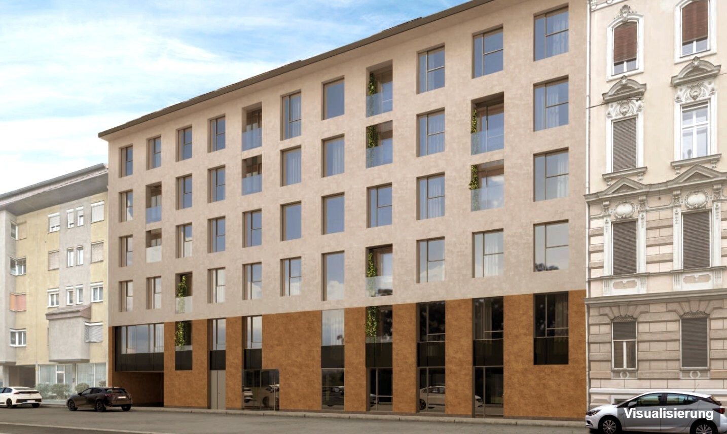 Ansicht Wohnanlage (Visualisierung): Graz-St. Leonhard · Neubau: 2-Zimmer-Anlegerwohnung ca. 31 m² · Oasis Uhlandgasse · Kurzzeitvermietung · provisionsfrei