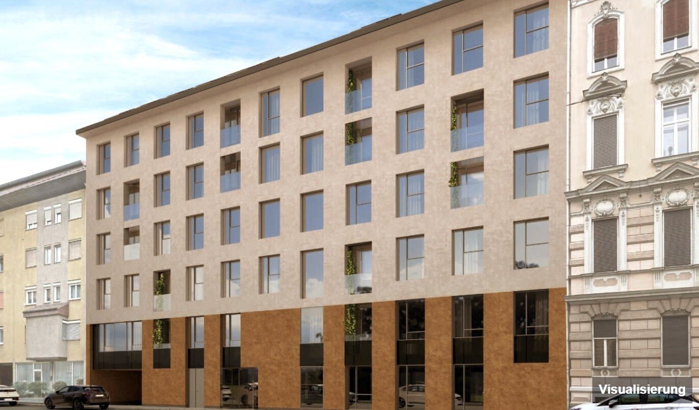 Ansicht Wohnanlage (Visualisierung): Graz-St. Leonhard · Neubau: 4-Zimmer-Anlegerwohnung ca. 75 m² · Oasis Uhlandgasse · Kurzzeitvermietung · provisionsfrei