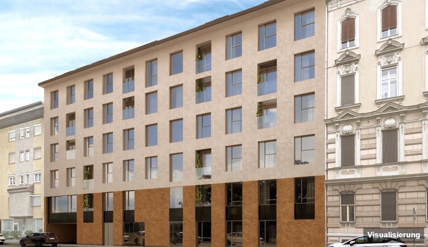 Ansicht Wohnanlage (Visualisierung): Graz-St. Leonhard · Neubau: 4-Zimmer-Anlegerwohnung ca. 76 m² · Oasis Uhlandgasse · Kurzzeitvermietung · provisionsfrei