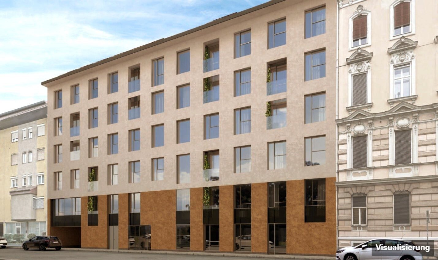Ansicht Wohnanlage (Visualisierung): Graz-St. Leonhard · Neubau: 2-Zimmer-Anlegerwohnung ca. 47 m² · Oasis Uhlandgasse · provisionsfrei