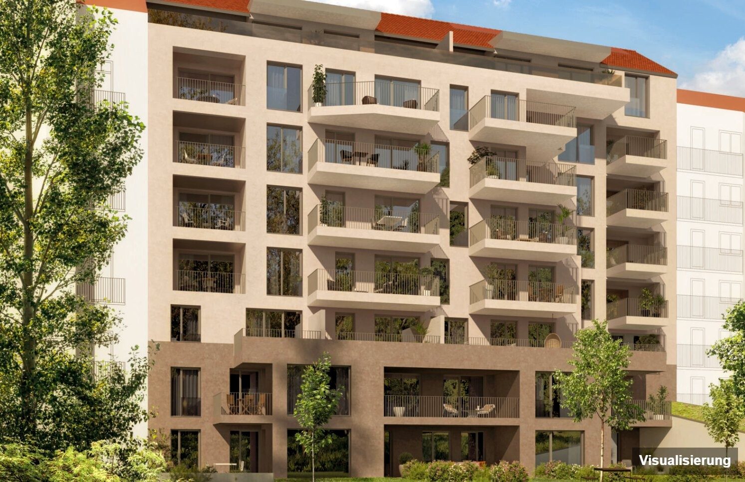 Ansicht Wohnanlage (Visualisierung): Graz-St. Leonhard · Neubau: 2-Zimmer-Anlegerwohnung ca. 66 m² · Oasis Uhlandgasse · provisionsfrei