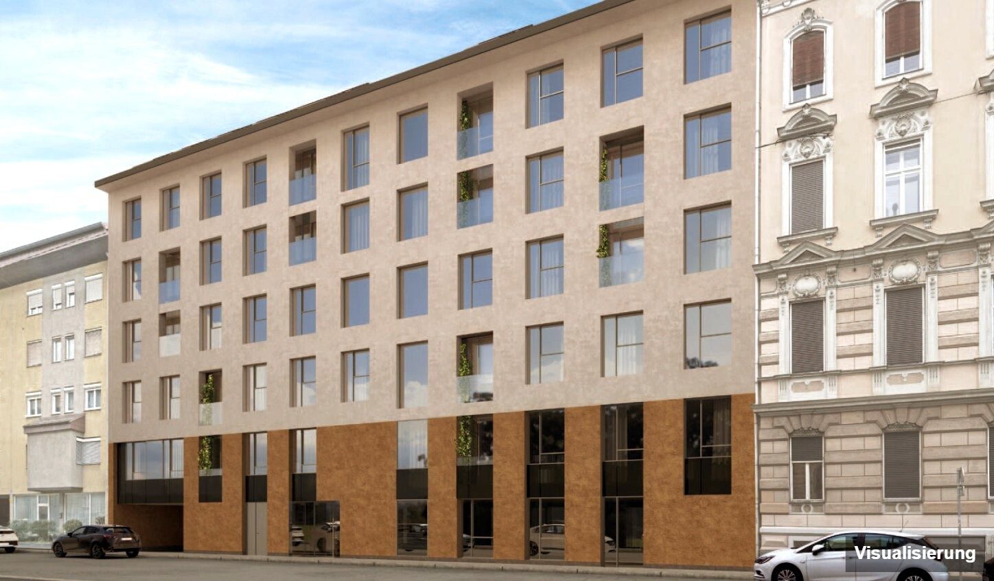Ansicht Wohnanlage (Visualisierung): Graz-St. Leonhard · Neubau: 1-Zimmer-Anlegerwohnung ca. 52 m² · Oasis Uhlandgasse · provisionsfrei