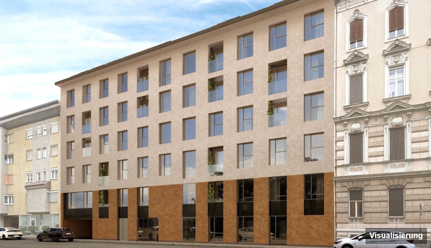 Ansicht Wohnanlage (Visualisierung): Graz-St. Leonhard · Neubau: 2-Zimmer-Anlegerwohnung ca. 31 m² · Oasis Uhlandgasse · provisionsfrei