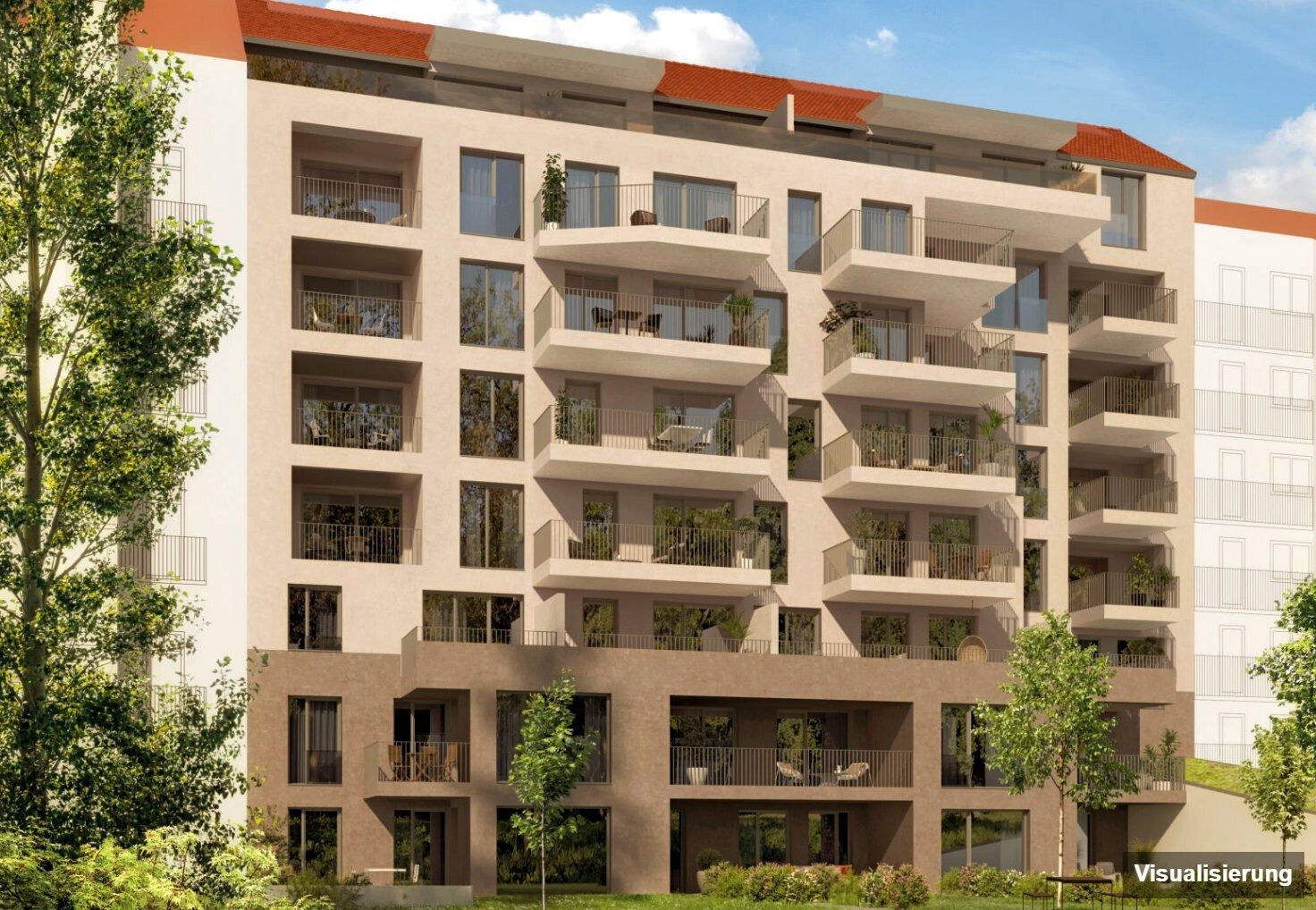 Ansicht Wohnanlage (Visualisierung): Graz-St. Leonhard · Neubau: 2-Zimmer-Anlegerwohnung ca. 32 m² · Oasis Uhlandgasse · provisionsfrei