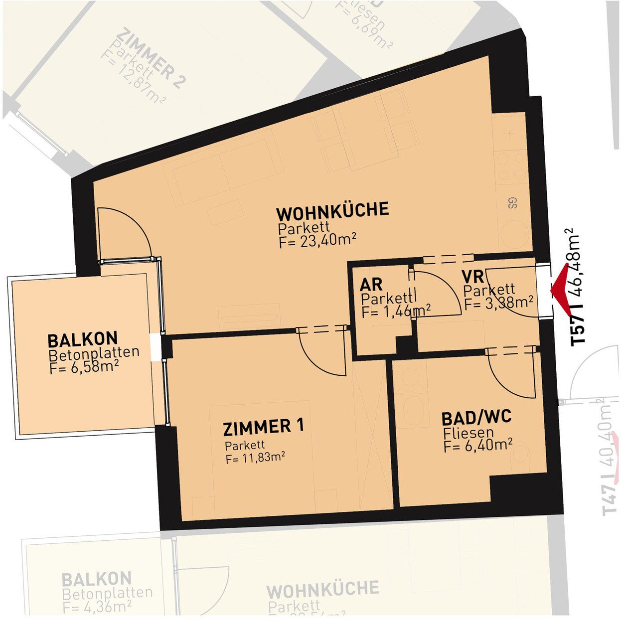 Grundriss – Wien-Floridsdorf · Bestand: 2-Zimmer-Anlegerwohnung ca. 46 m² · Drygalski Living · provisionsfrei