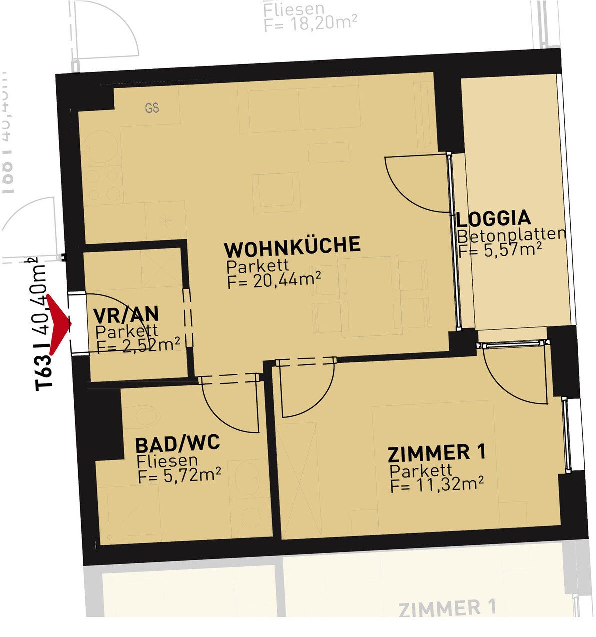 Grundriss – Wien-Floridsdorf · Bestand: 2-Zimmer-Anlegerwohnung ca. 40 m² · Drygalskiweg · provisionsfrei