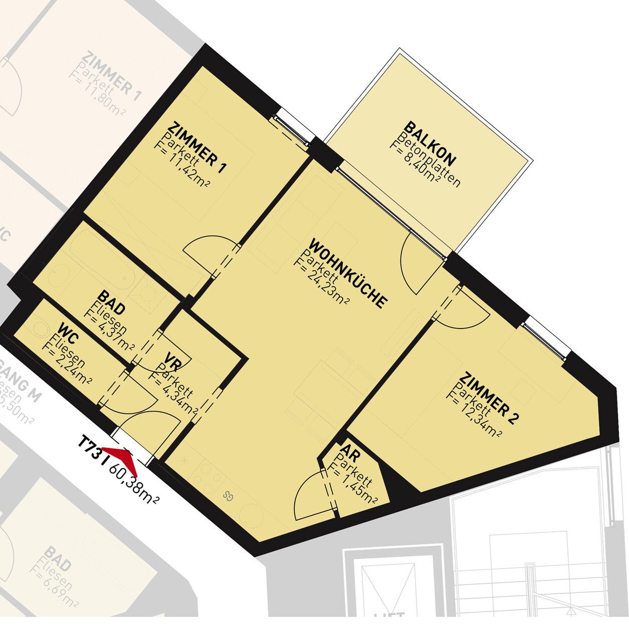 Grundriss – Wien-Floridsdorf · Bestand: 3-Zimmer-Anlegerwohnung ca. 60 m² · Drygalskiweg · provisionsfrei