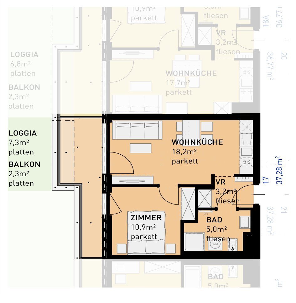 Grundriss – Wien · Neubau: 3-Zimmer-Anlegerwohnung ca. 37 m² · Ten-Living · provisionsfrei