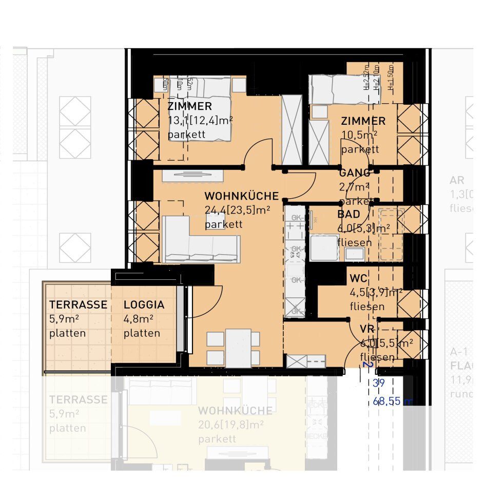 Grundriss – Wien · Neubau: 3-Zimmer-Anlegerwohnung ca. 68 m² · Ten-Living · provisionsfrei