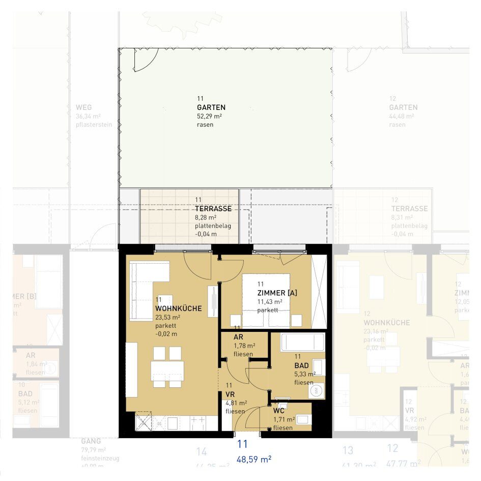 Grundriss – Wien-Donaustadt · Bestand: 2-Zimmer-Anlegerwohnung ca. 49 m² · Wulzendorfstraße · provisionsfrei