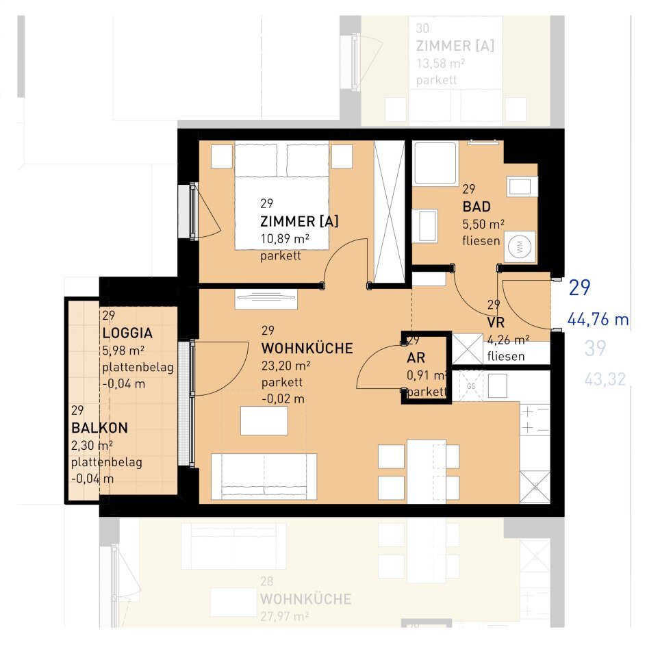 Grundriss – RESERVIERT · Wien-Donaustadt · Bestand: 2-Zimmer-Anlegerwohnung ca. 45 m² · Wulzendorfstraße · provisionsfrei