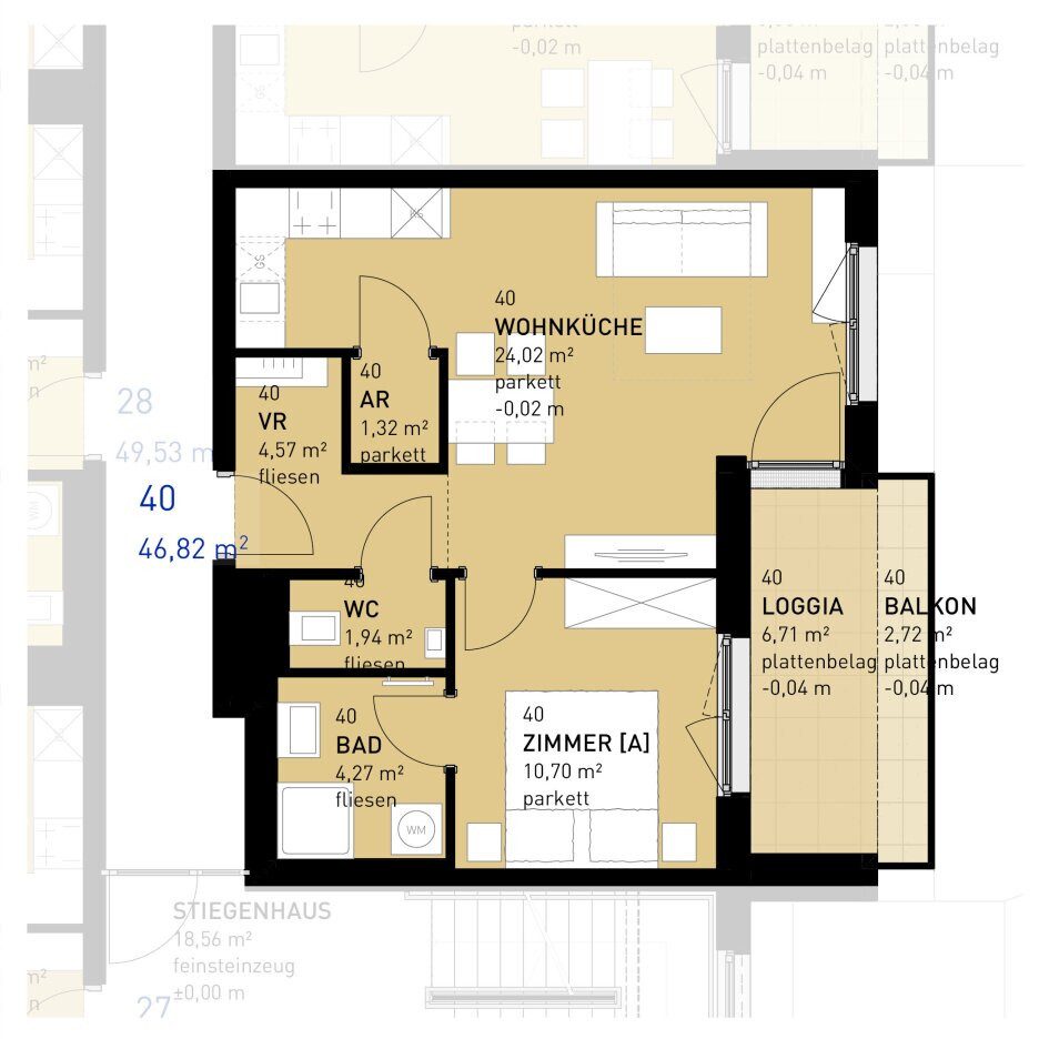 Grundriss – Wien-Donaustadt · Bestand: 2-Zimmer-Anlegerwohnung ca. 47 m² · Wulzendorfstraße · provisionsfrei