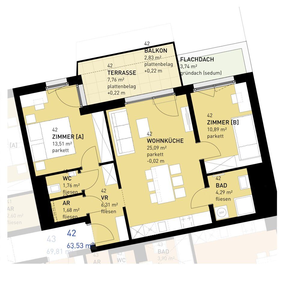 Grundriss – RESERVIERT · Wien-Donaustadt · Bestand: 3-Zimmer-Anlegerwohnung ca. 64 m² · Wulzendorfstraße · provisionsfrei