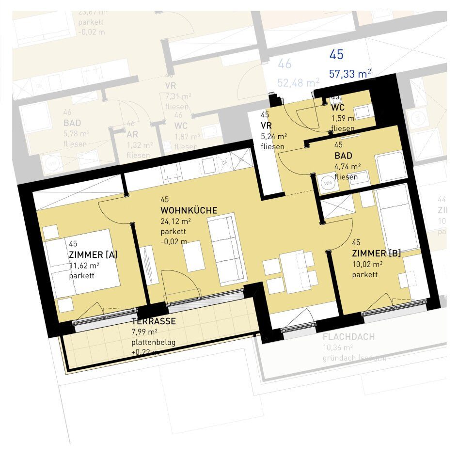 Grundriss – RESERVIERT · Wien-Donaustadt · Bestand: 3-Zimmer-Anlegerwohnung ca. 57 m² · Wulzendorfstraße · provisionsfrei