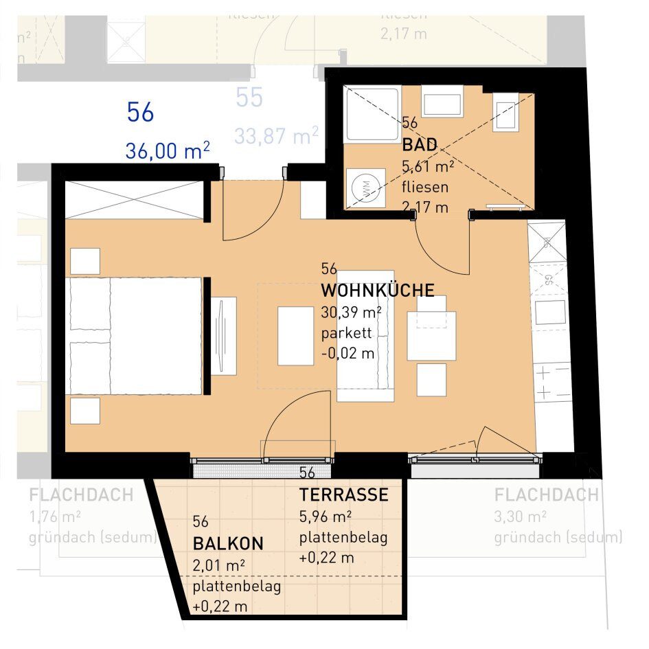 Grundriss – RESERVIERT · Wien-Donaustadt · Bestand: 1-Zimmer-Anlegerwohnung ca. 36 m² · Wulzendorfstraße · provisionsfrei