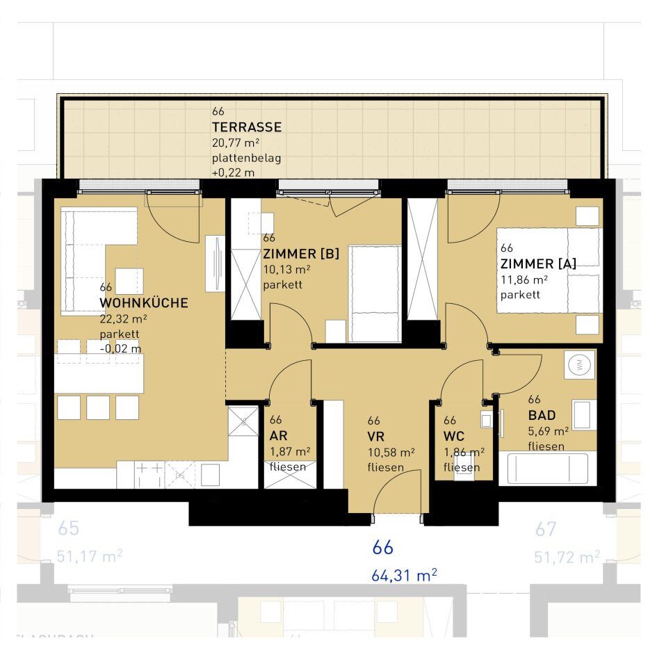 Grundriss – RESERVIERT · Wien-Donaustadt · Bestand: 3-Zimmer-Anlegerwohnung ca. 64 m² · Wulzendorfstraße · provisionsfrei