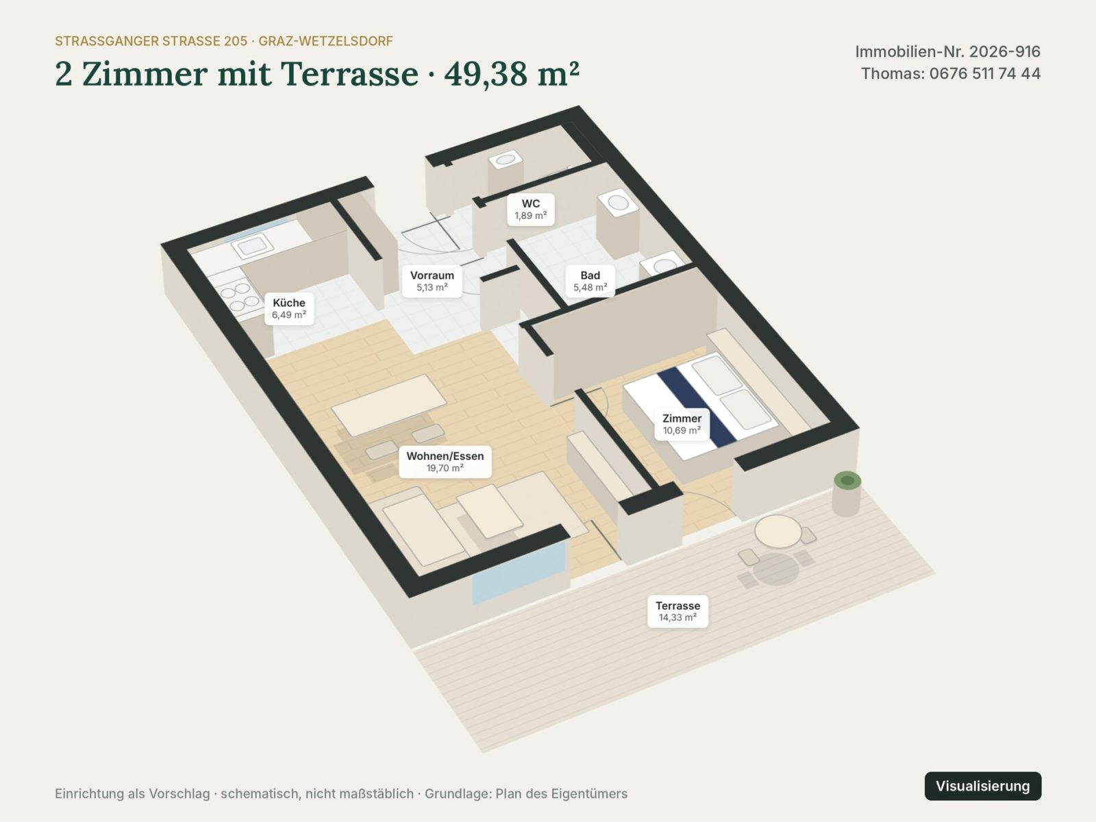 Grundriss: Grundriss 3D – Visualisierung – Graz-Wetzelsdorf · Neubau 2 Zi. 49 m² + Terrasse · provisionsfrei · 158.333 € netto