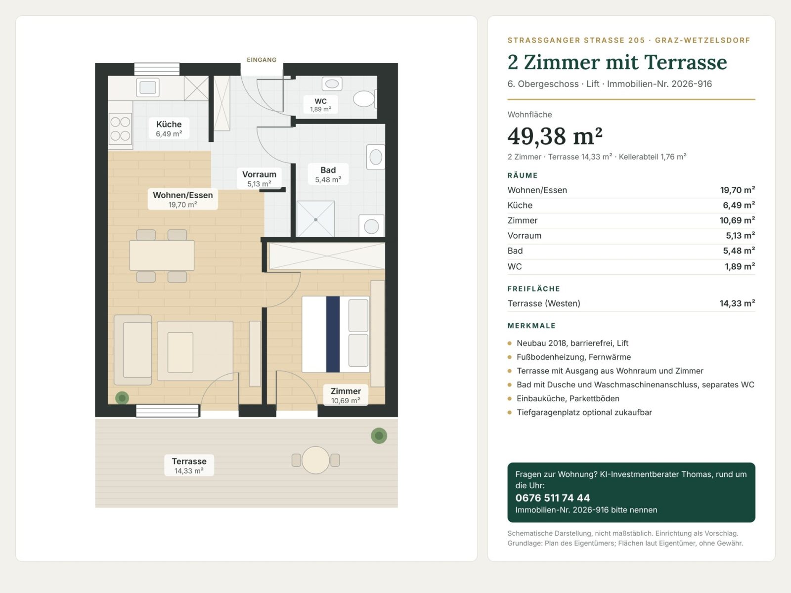 Grundriss: Grundriss 2D (schematisch, Einrichtungsvorschlag) – Graz-Wetzelsdorf · Neubau 2 Zi. 49 m² + Terrasse · provisionsfrei · 158.333 € netto