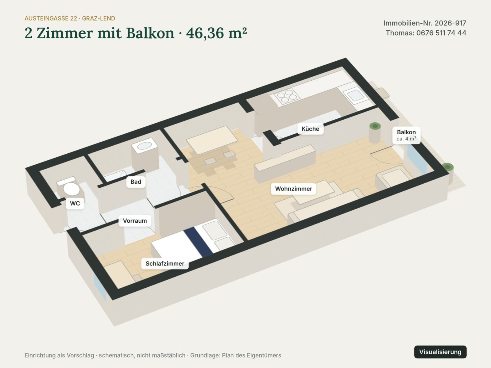 Grundriss: Grundriss 3D – Visualisierung – Graz-Lend nahe Fröbelpark · 2 Zimmer 46 m² + Balkon, Lift · provisionsfrei · 109.000 €