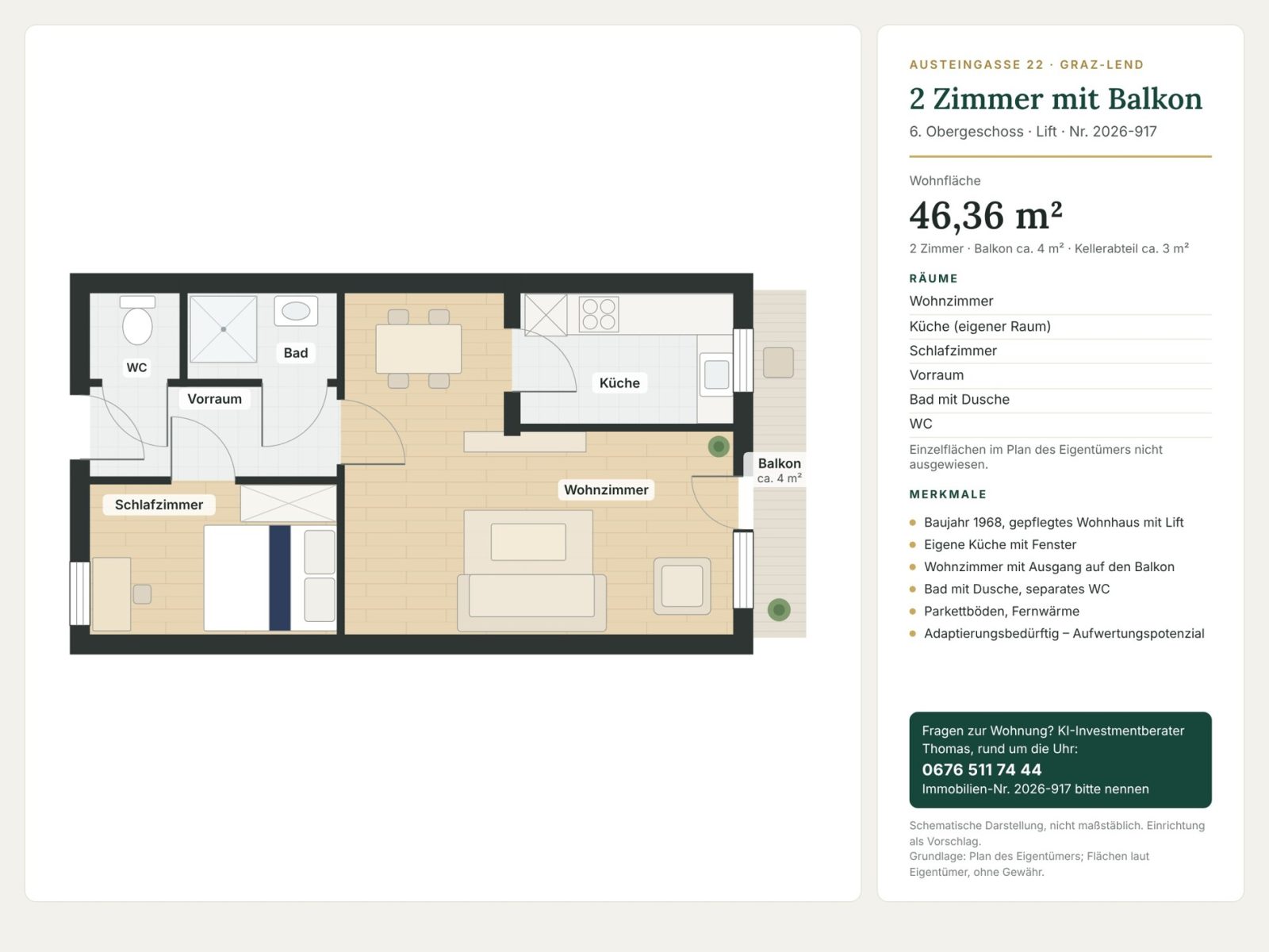 Grundriss: Grundriss 2D (schematisch, Einrichtungsvorschlag) – Graz-Lend nahe Fröbelpark · 2 Zimmer 46 m² + Balkon, Lift · provisionsfrei · 109.000 €