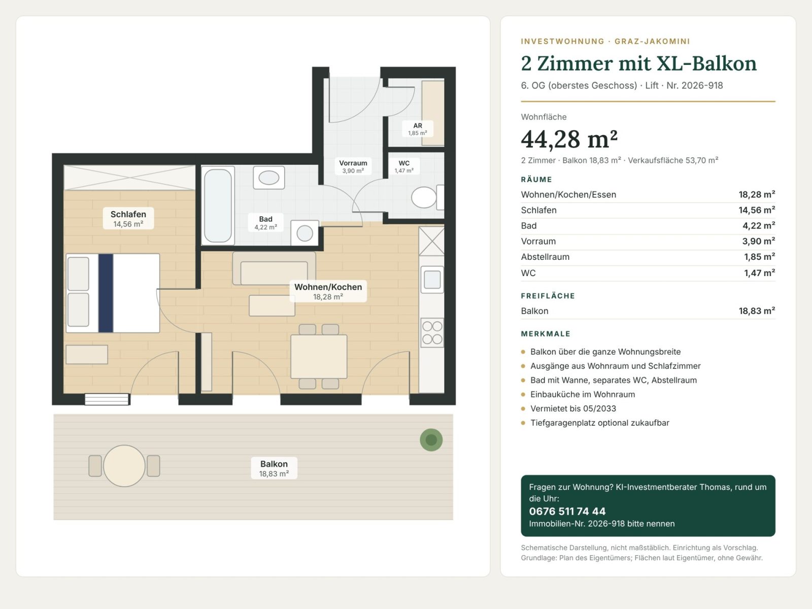 Grundriss: Grundriss 2D (schematisch, Einrichtungsvorschlag) – Graz-Jakomini · Neubau 2 Zi. 44 m² + 19 m² Balkon · vermietet · 195.000 € netto