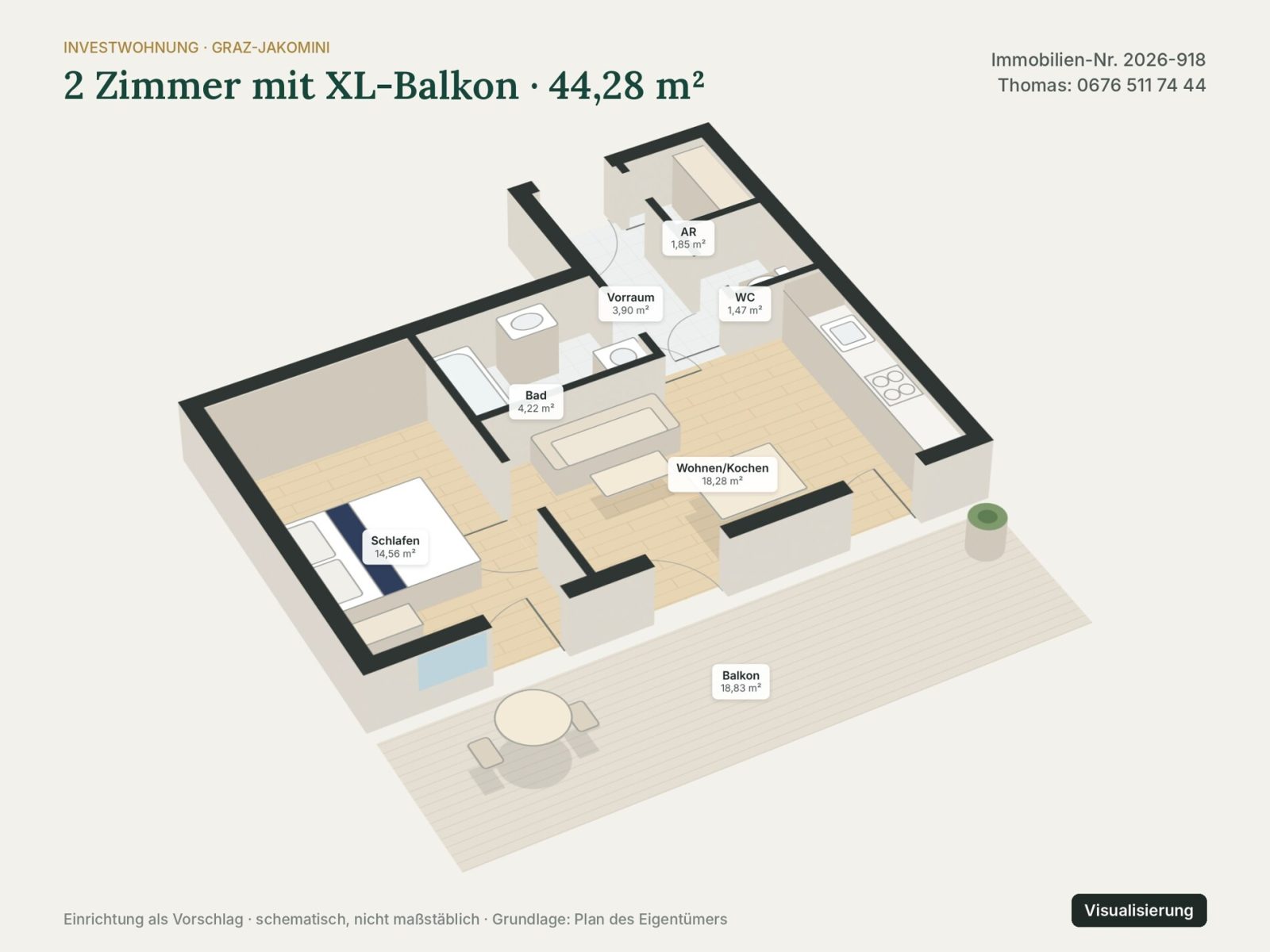 Grundriss: Grundriss 3D – Visualisierung – Graz-Jakomini · Neubau 2 Zi. 44 m² + 19 m² Balkon · vermietet · 195.000 € netto