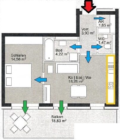 Grundriss: Grundriss (Plan des Eigentümers) – Graz-Jakomini · Neubau 2 Zi. 44 m² + 19 m² Balkon · vermietet · 195.000 € netto