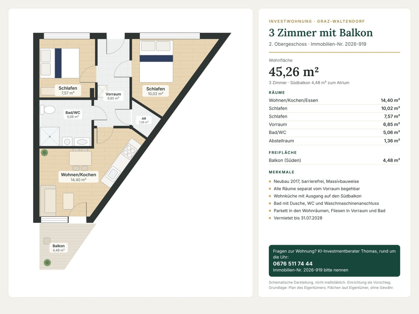 Grundriss: Grundriss 2D (schematisch, Einrichtungsvorschlag) – Graz-Waltendorf nahe TU · 3 Zimmer auf 45 m² + Balkon · vermietet · 185.000 € netto