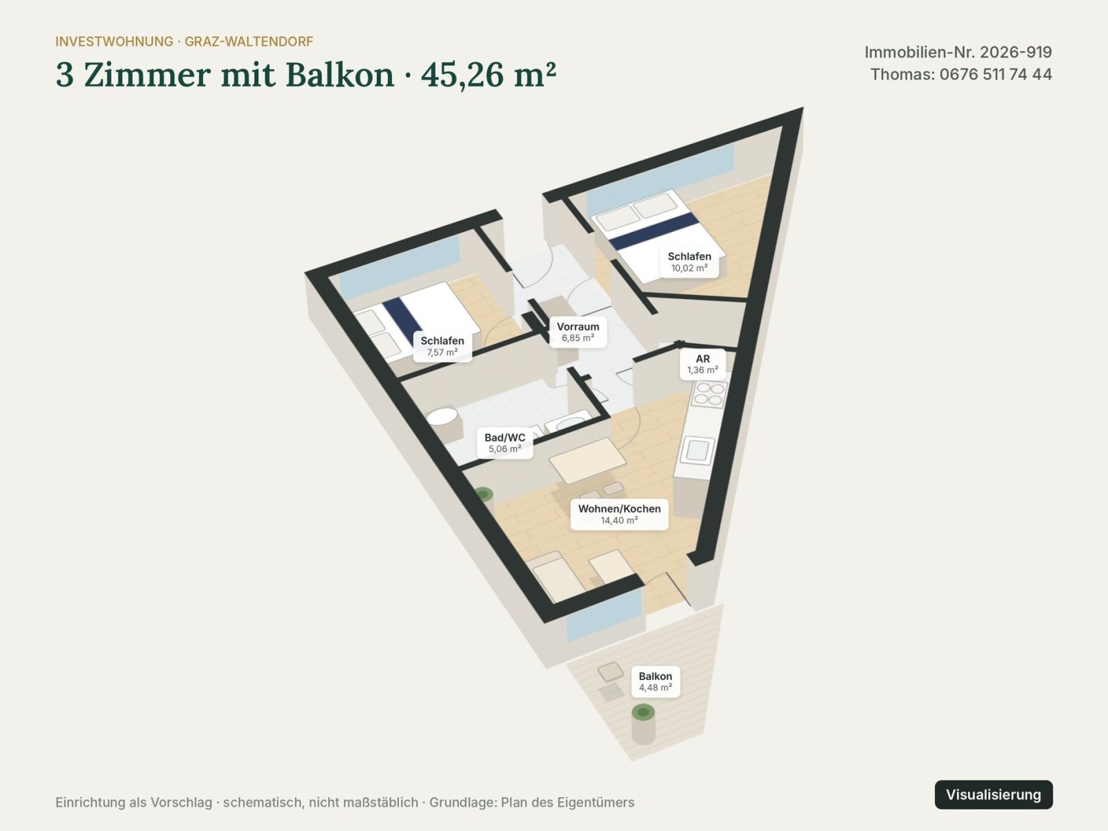 Grundriss: Grundriss 3D – Visualisierung – Graz-Waltendorf nahe TU · 3 Zimmer auf 45 m² + Balkon · vermietet · 185.000 € netto