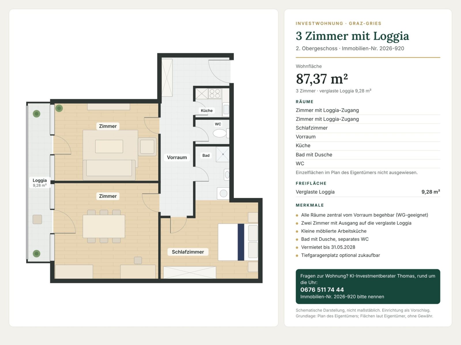 Grundriss: Grundriss 2D (schematisch, Einrichtungsvorschlag) – Graz-Gries nahe Griesplatz · 3 Zimmer 87 m² + Loggia · provisionsfrei · 174.740 €