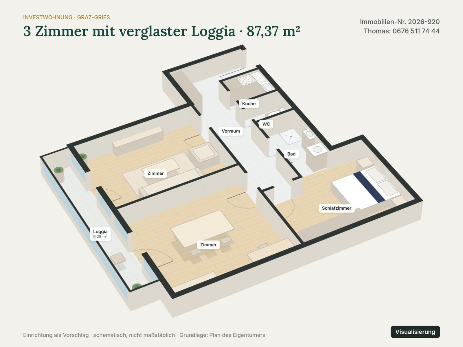 Grundriss: Grundriss 3D – Visualisierung – Graz-Gries nahe Griesplatz · 3 Zimmer 87 m² + Loggia · provisionsfrei · 174.740 €